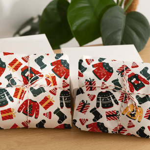 Feuille De Papier Cadeau Chandail de Noël moche blanc, rouge et vert festif