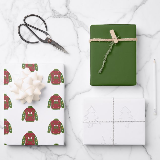 Feuille De Papier Cadeau Chandail de Noël Rouge Vert blanc (Recto)
