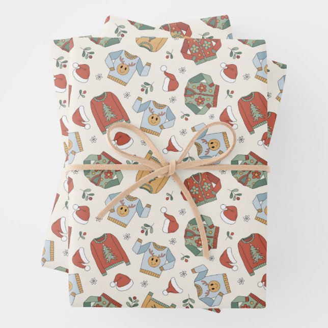 Feuille De Papier Cadeau Chandails de Noël et Motif Casquette (En situation)