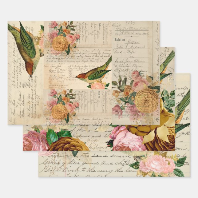 Feuille De Papier Cadeau Chanteur Vintage romantique avec roses blush et or (Lot)