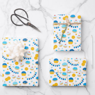 Feuille De Papier Cadeau Chanukah Dreidels Doughnut Gold Blue White