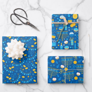 Feuille De Papier Cadeau Chanukah Ensemble mixte de Motifs bleu foncé