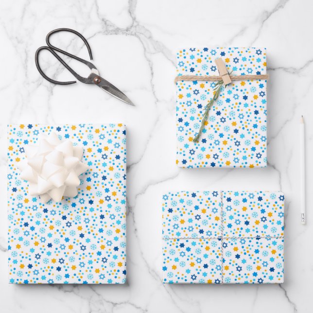 Feuille De Papier Cadeau Chanukah Etoiles juives Snowflakes Blanc Bleu Or (Recto)