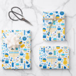 Feuille De Papier Cadeau Chanukah Party Blue or blanc Menorah Gelt Cookie<br><div class="desc">Parfois, vous n'avez que quelques articles à emballer pour Chanukah, et vous ne voulez pas acheter un énorme rouleau de papier d'emballage Chanukah qui restera dans votre placard pendant des années. Cette sélection de trois feuilles d'emballage Chanukah est parfaite pour envelopper quelques cadeaux. Trois feuilles séparées de papier d'emballage pour...</div>