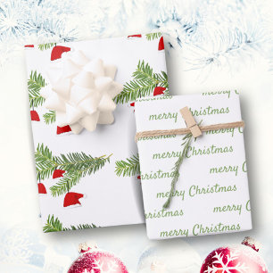 Feuille De Papier Cadeau Chapeau de Père Noël rouge Branches de pin Joyeux