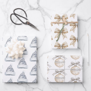 Feuille De Papier Cadeau Chapeaux de Père Noël Argent Pailletés Rubans Orne
