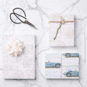 Feuille De Papier Cadeau Charbon Taupe & Ardoise   Toile de Jouy Voiture Vi