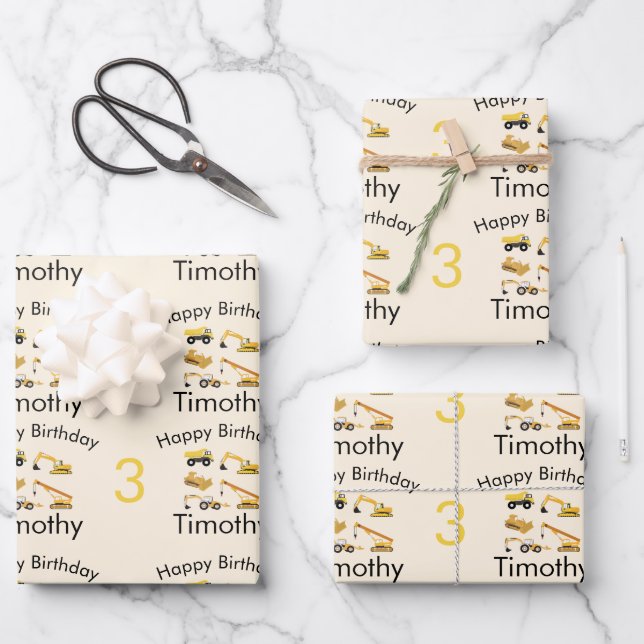 Feuille De Papier Cadeau Chariots de construction Nom et âge du garçon Anni (Recto)