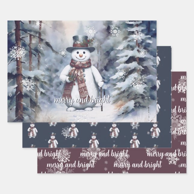 Feuille De Papier Cadeau Charmant Snowman Aquarelle Forêt d'hiver (Lot)