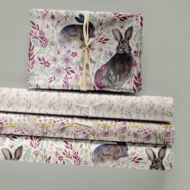 Feuille De Papier Cadeau Charmante Bunnies Fleurs de prairie Découpage (Charming Bunnies Meadow Flowers Wrapping Paper Sheets by Jenn Steffen for Studio Posies!)