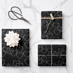Feuille De Papier Cadeau Charms de cœur décoratifs élégants Noir et Blanc
