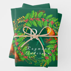 Feuille De Papier Cadeau Chasseur de monogramme de couronne de Noël Vert