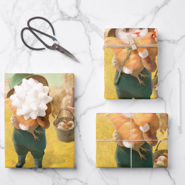 Feuille De Papier Cadeau Chat adorable avec Hen à la ferme (Recto)
