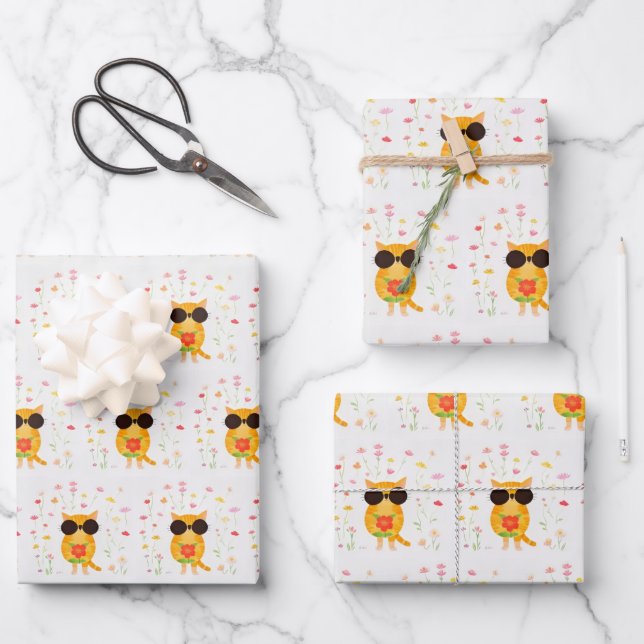 Feuille De Papier Cadeau Chat avec lunettes de soleil (Recto)