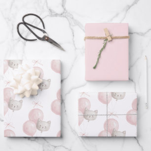 Feuille De Papier Cadeau Chat Ballons Roses Anniversaire