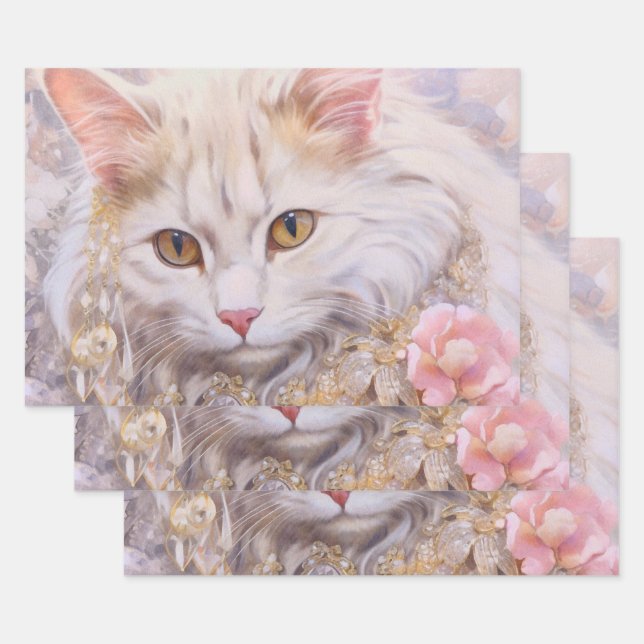 Feuille De Papier Cadeau Chat blanc élégant en or et diamants (Lot)