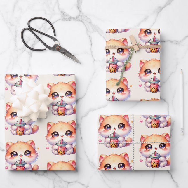 Feuille De Papier Cadeau Chat Boire Boba Cute Bubble Thé (Recto)