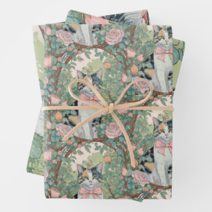 Feuille De Papier Cadeau Chat calico dans un jardin avec des fleurs