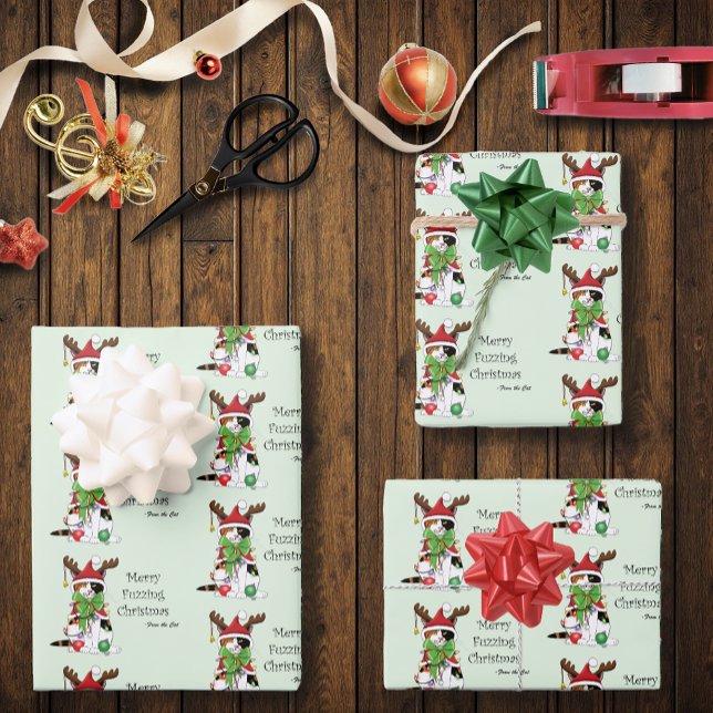 Feuille De Papier Cadeau Chat Calico de Noël amusant (Créateur téléchargé)