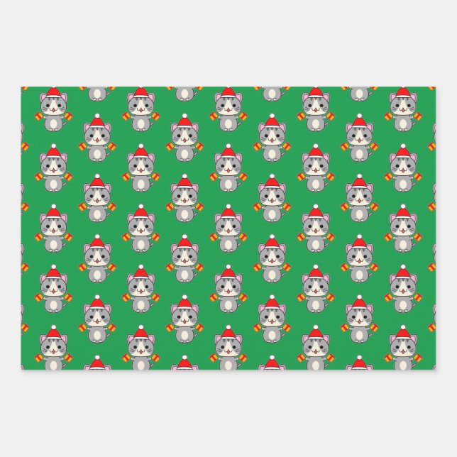 Feuille De Papier Cadeau Chat Christmas Grey Tabby (Devant)