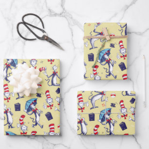 Feuille De Papier Cadeau Chat dans le Chapeau Motif Jaune