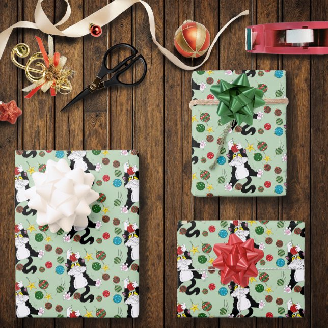 Feuille De Papier Cadeau Chat de Noël noir blanc Tuxedo (Créateur téléchargé)