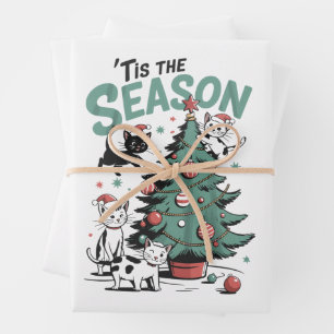 Feuille De Papier Cadeau Chat de Noël Rétro C'est La Saison Meowy Catmas 
