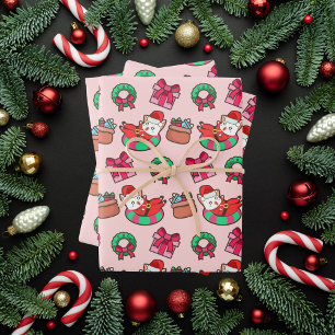 Feuille De Papier Cadeau Chat de Noël rose et rouge Kawaii