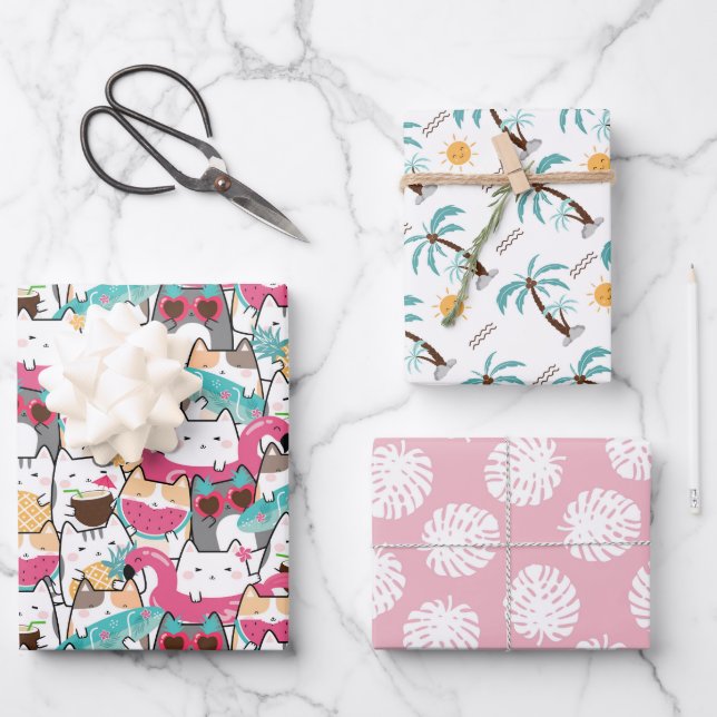 Feuille De Papier Cadeau Chat d'été arbre tropical (Recto)