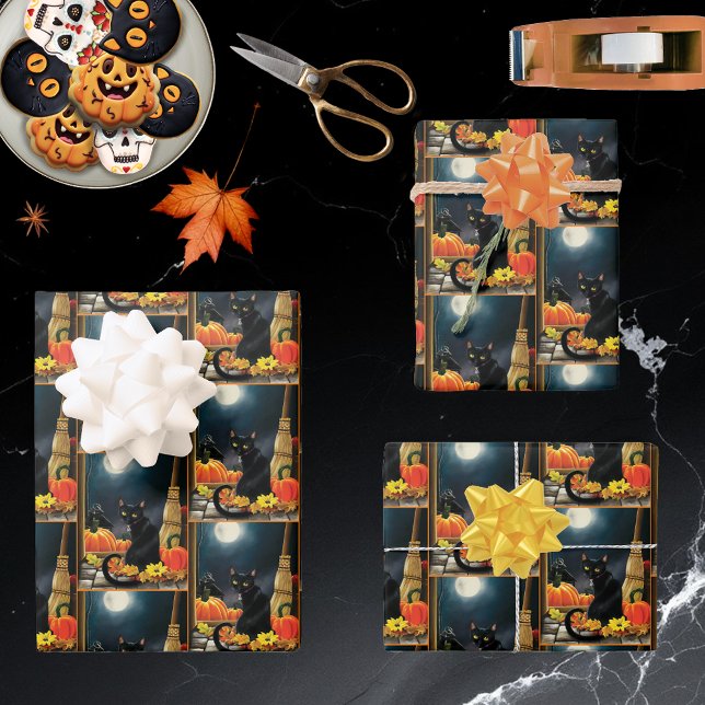 Feuille De Papier Cadeau Chat d'Halloween noir (Créateur téléchargé)