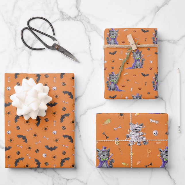Feuille De Papier Cadeau Chat drôle d'Halloween (Recto)