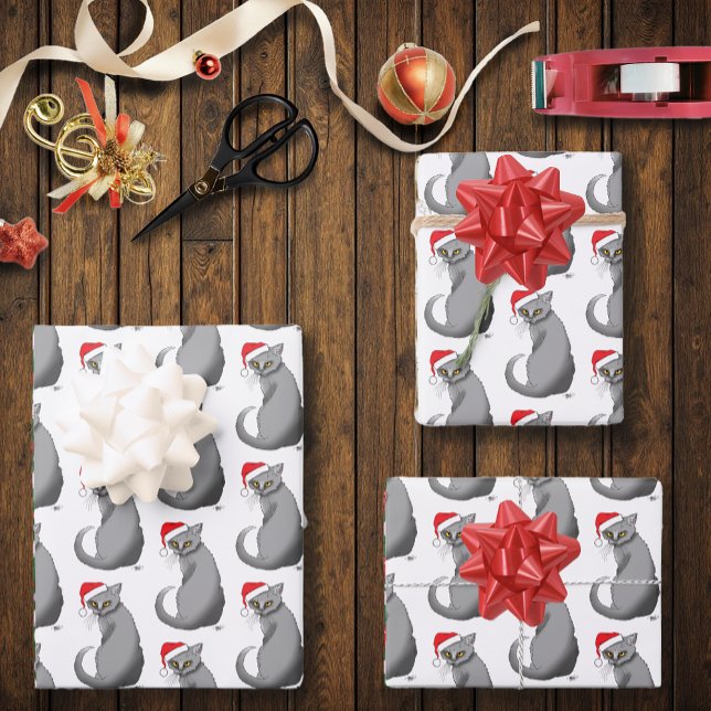 Feuille De Papier Cadeau Chat gris de Noël amusant (Créateur téléchargé)