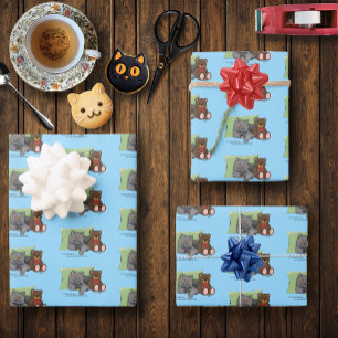 Feuille De Papier Cadeau Chat gris ours en peluche