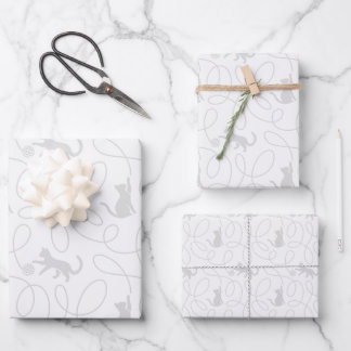 Feuille De Papier Cadeau Chat joueur et motif de boule de laine gris clair