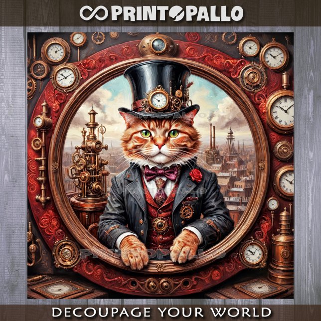Feuille De Papier Cadeau Chat noble steampunk rouge dans un cadre (Créateur téléchargé)