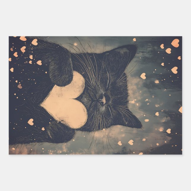 Feuille De Papier Cadeau Chat noir au coeur d'or - Amour cosy du chat (Devant)