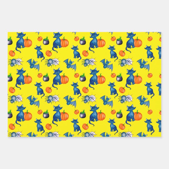 Feuille De Papier Cadeau Chat noir citrouille brassée de sorcière Design Ha (Devant)