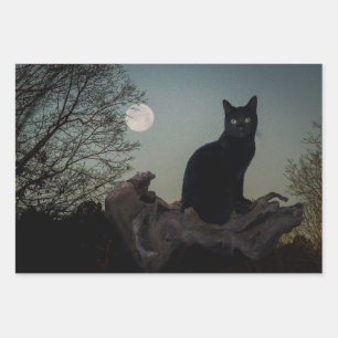 Feuille De Papier Cadeau Chat noir dans un arbre devant une Pleine lune
