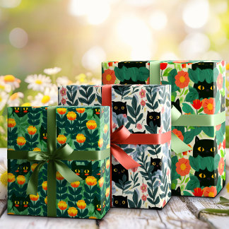 Feuille De Papier Cadeau Chat noir fantaisiste caché dans les floraisons du