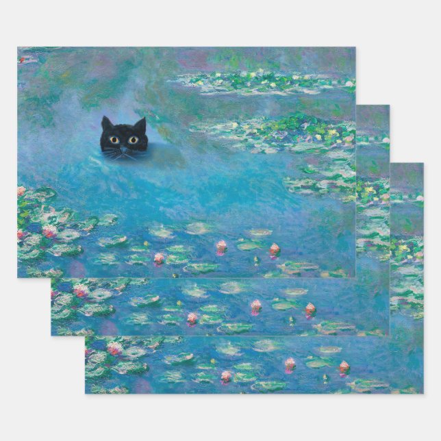 Feuille De Papier Cadeau Chat noir nage dans les nymphes d'eau Découpage Ar (Lot)