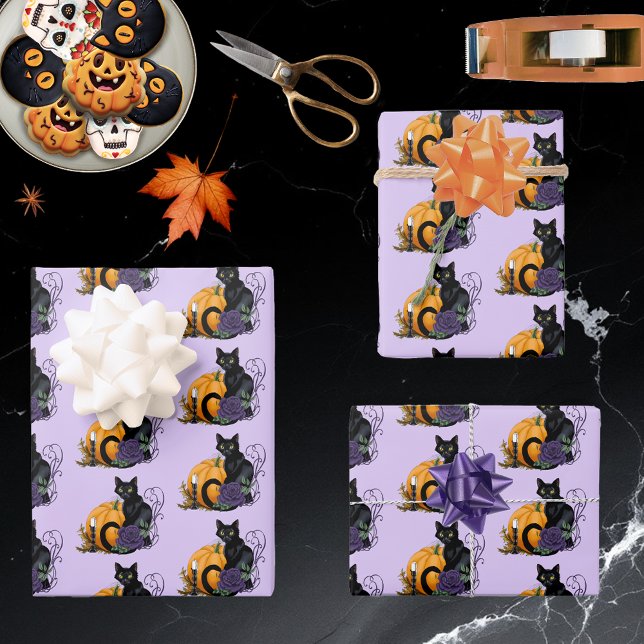 Feuille De Papier Cadeau Chat noir Rose violette CitrouilleAutomne (Créateur téléchargé)