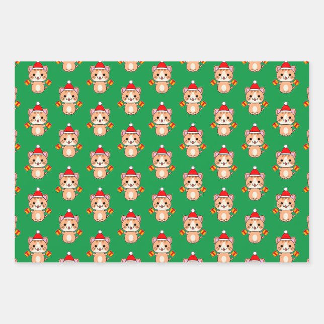 Feuille De Papier Cadeau Chat roux tabby de Noël (Devant)