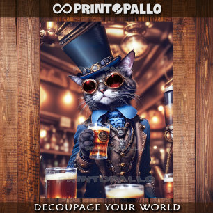 Feuille De Papier Cadeau Chat Steampunk, chapeau, lunettes et bière - Décou