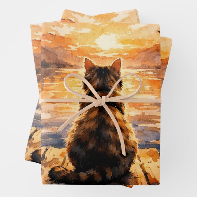 Feuille De Papier Cadeau Chat sur le quai au coucher du soleil (En situation)