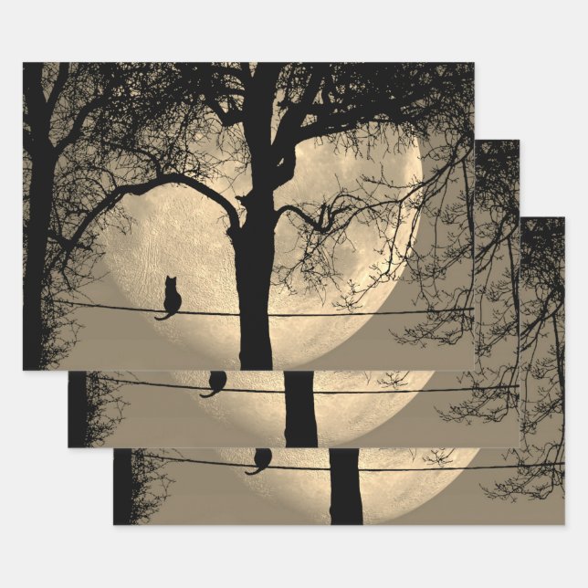Feuille De Papier Cadeau Chat sur une Pleine lune de fil (Lot)