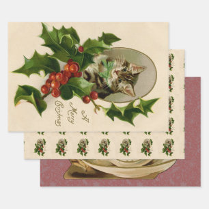 Feuille De Papier Cadeau Chaton de Noël victorien au houx antique tabby