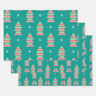 Feuille De Papier Cadeau Chatons de Noël Flocons de Neige Arbre Festif Fête