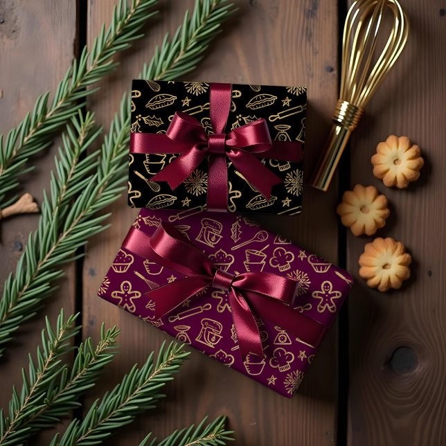 Feuille De Papier Cadeau Chatoyant Motif de pâtisserie de Noël Gold Festive (Shimmering Gold Festive Christmas Baking Pattern Wrapping Paper Sheets)