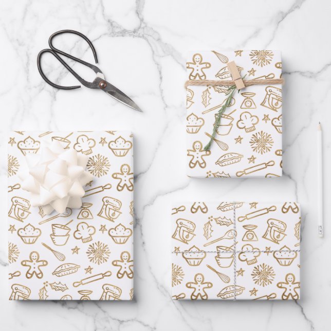 Feuille De Papier Cadeau Chatoyant Motif de pâtisserie de Noël Gold Festive (Recto)