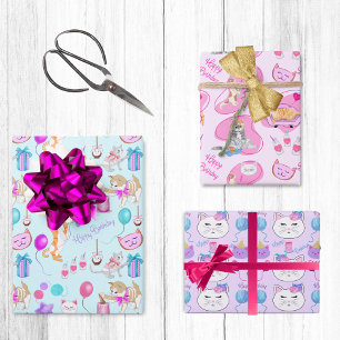 Feuille De Papier Cadeau Chats adorables d'anniversaire célébrant
